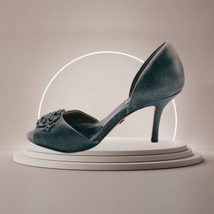 BADGLEY MISCHKA Pewter D’Orsay Leather Embellished Peep Toe Heels Size 6.5